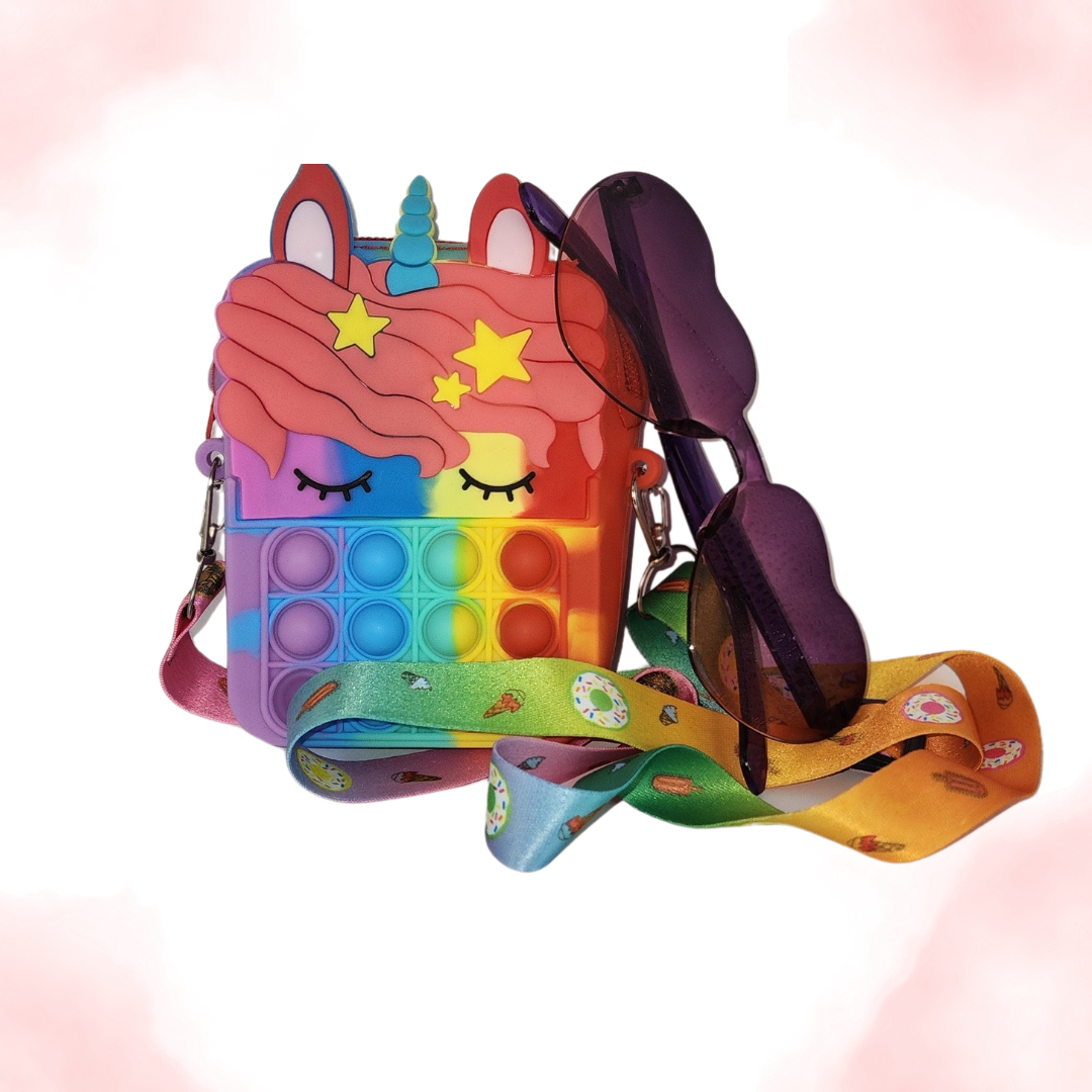 Multi  Color Unicorn Pop it Purse with Sunglassses